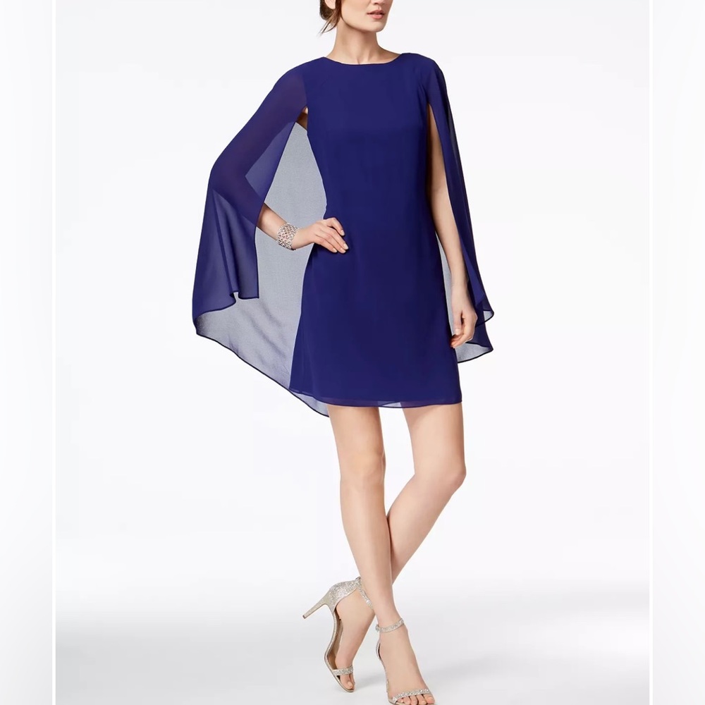 Like New Vince Camuto Navy Blue Chiffon Cape Cocktail Dress Size 6